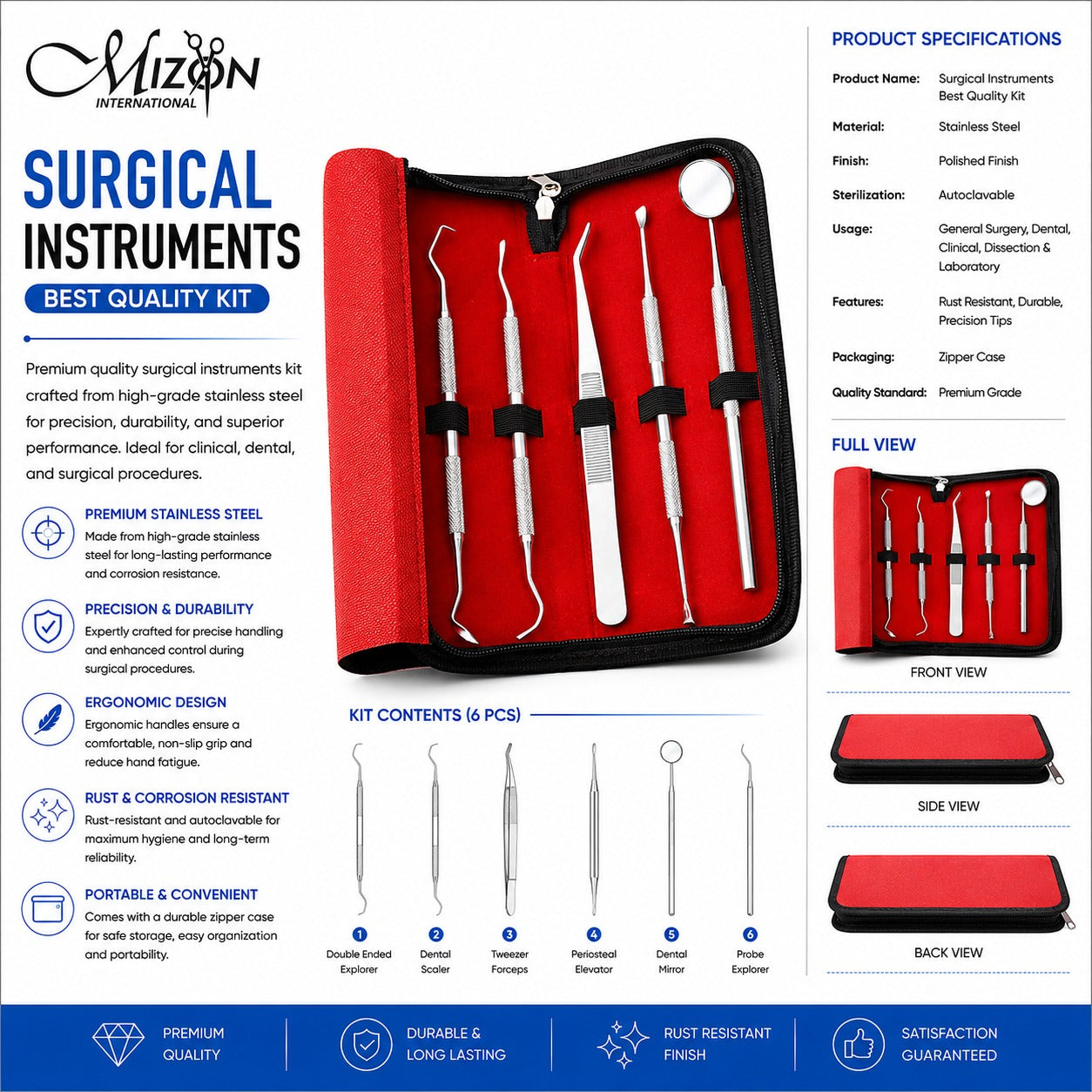 6-Piece Dental Examination & Surgical Instrument Kit – Stainless Steel with Zipper Case