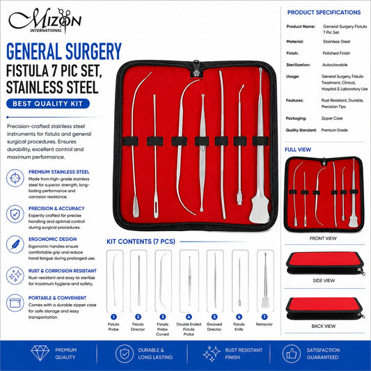 7-Piece General Surgery Fistula Instrument Set – Stainless Steel with Zipper Case