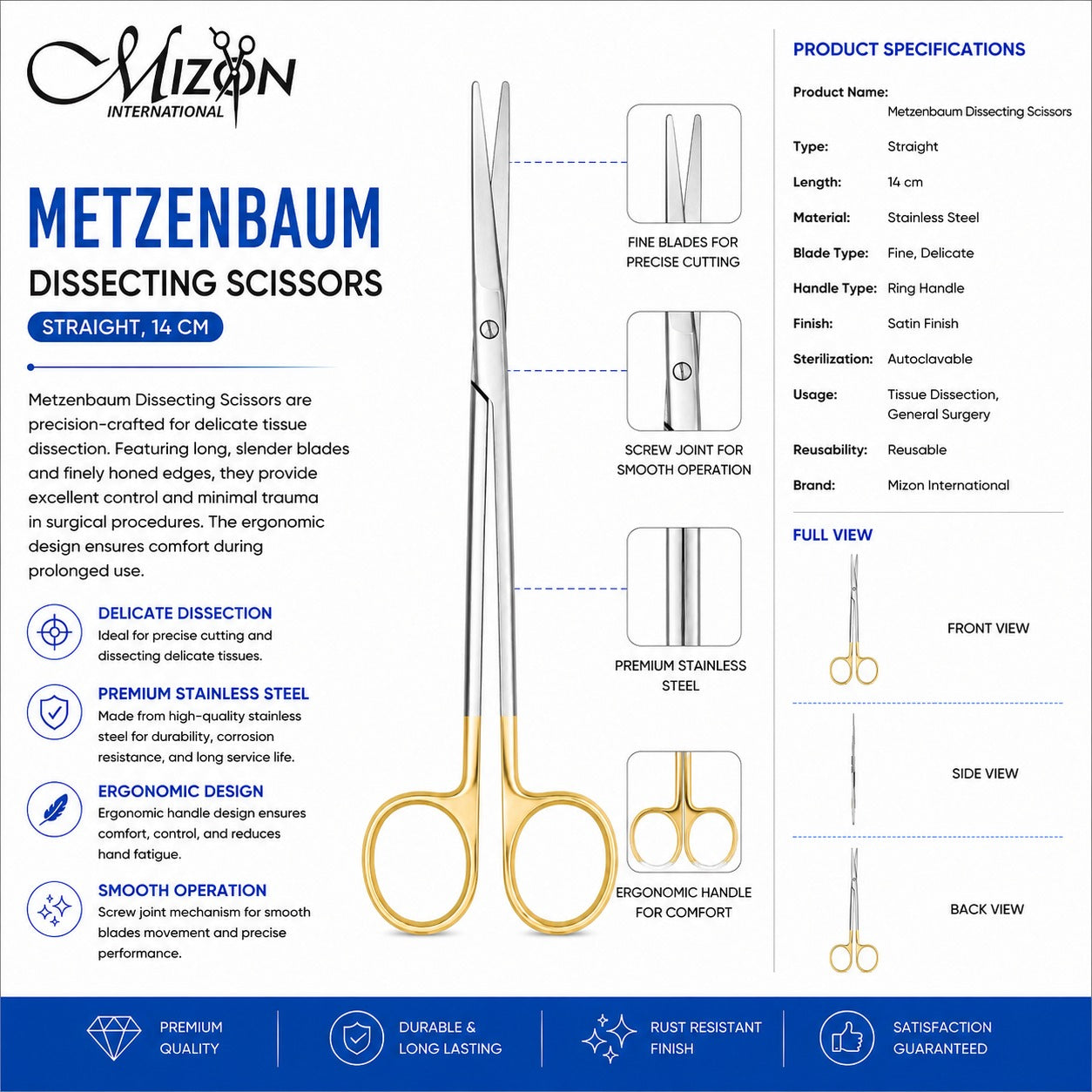 Metzenbaum Dissecting Scissors Straight 14 cm – Tungsten Carbide (TC) Surgical Scissors | Gold Handle