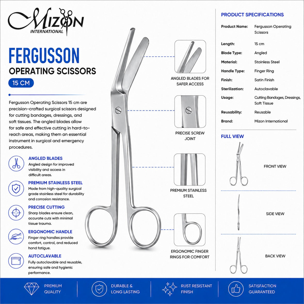 Fergusson Operating Scissors 15 cm – Angled Surgical Bandage & Dressing Scissors | Stainless Steel