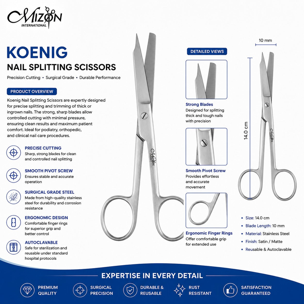 Koenig Nail Splitting Scissors 14 cm | Surgical Grade Stainless Steel Nail Scissors | Mizon International