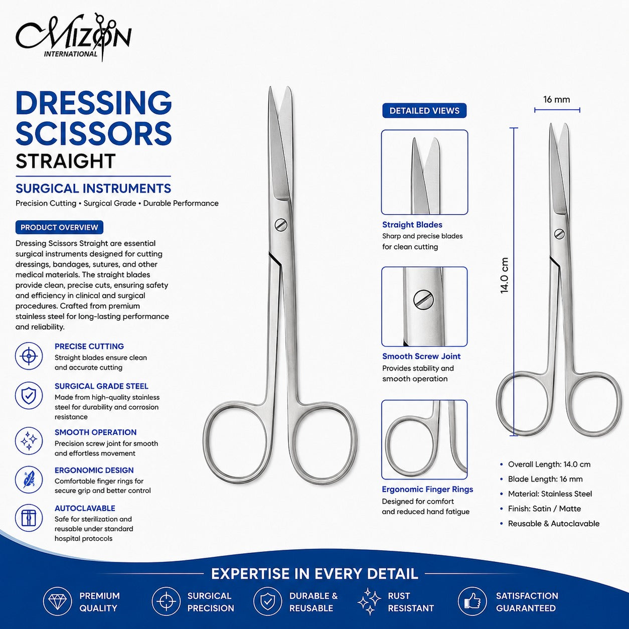 Dressing Scissors Straight 14 cm | Surgical Grade Stainless Steel Dressing Scissors | Mizon International