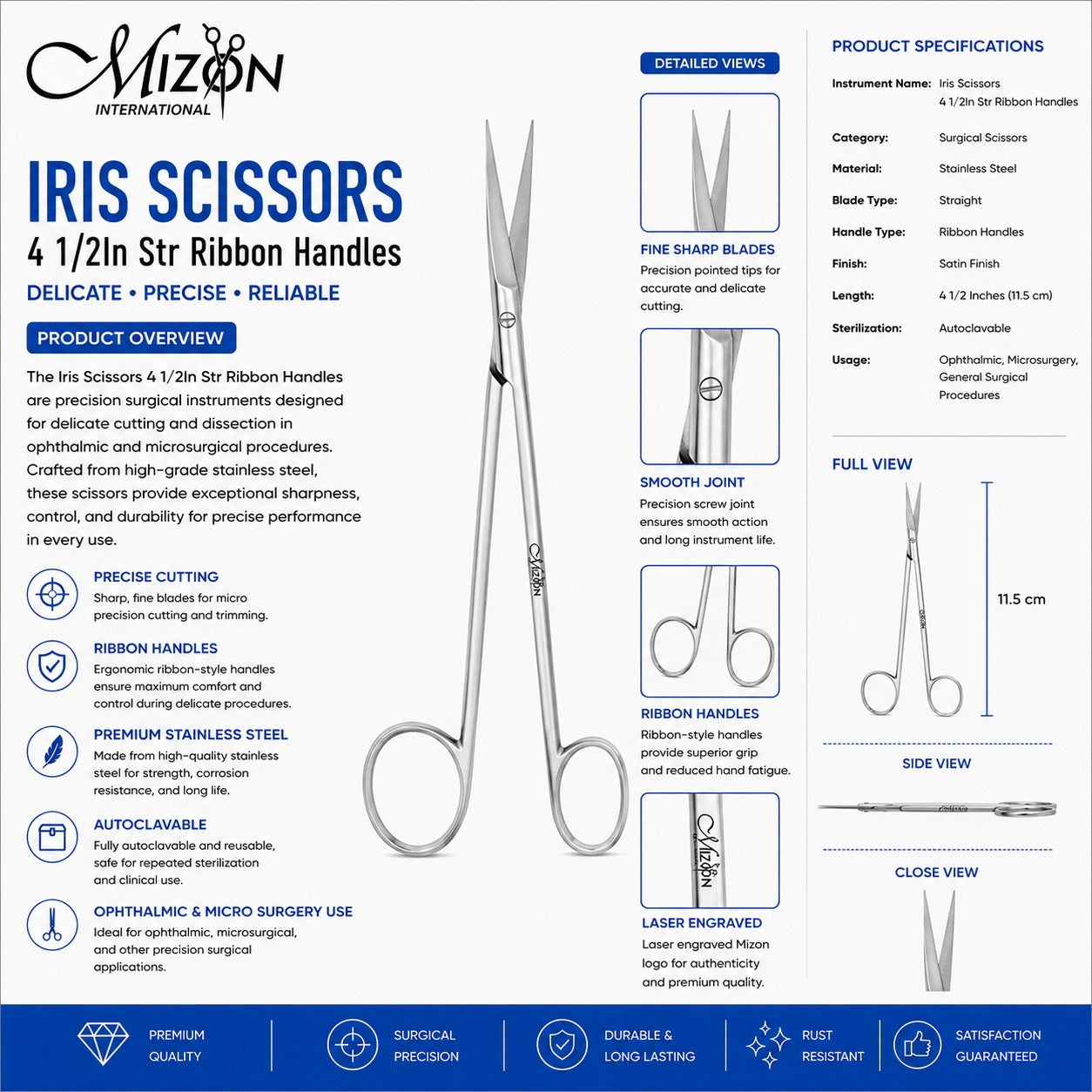Iris Scissors 4½ Inch Straight Ribbon Handles | Stainless Steel Ophthalmic Surgical Scissors | Mizon International