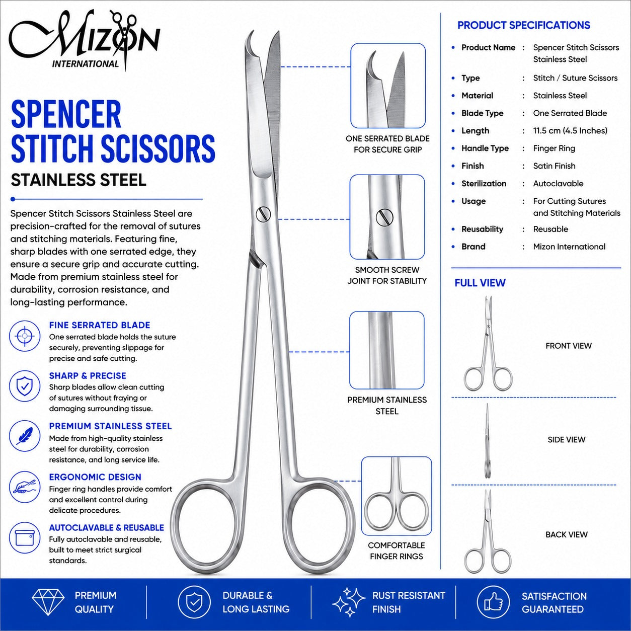 Spencer Stitch Scissors 4.5 Inch | Stainless Steel Suture Removal Scissors | Mizon International