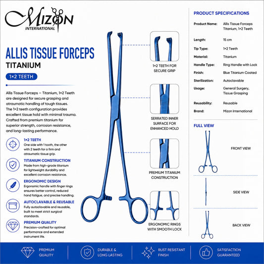 Allis Tissue Forceps Titanium 1×2 Teeth 15 cm | Blue Titanium Surgical Tissue Forceps | Mizon International