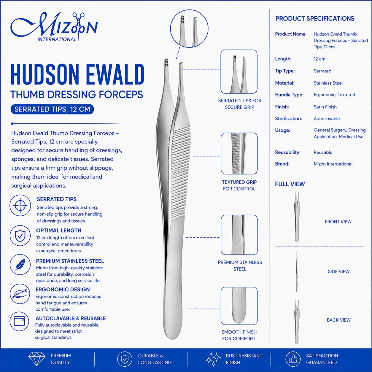 Hudson Ewald Thumb Dressing Forceps Serrated Tips 12 cm | Stainless Steel Surgical Forceps | Mizon International