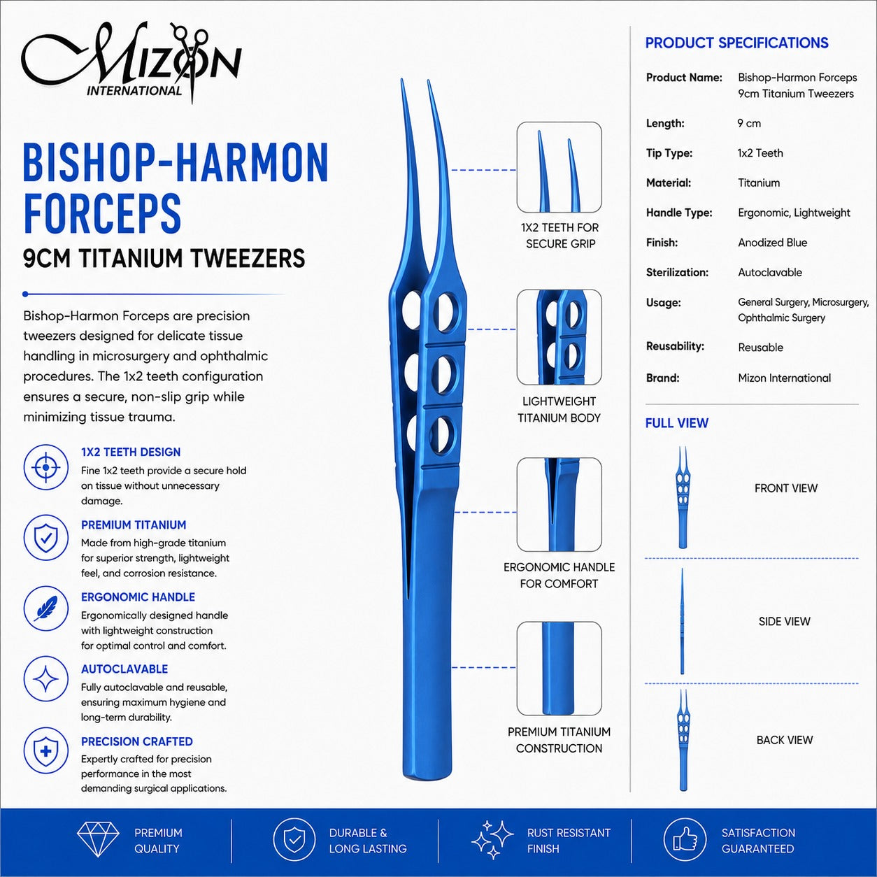 Bishop-Harmon Forceps 9 cm Titanium Tweezers Blue | 1×2 Teeth Ophthalmic Forceps | Mizon International