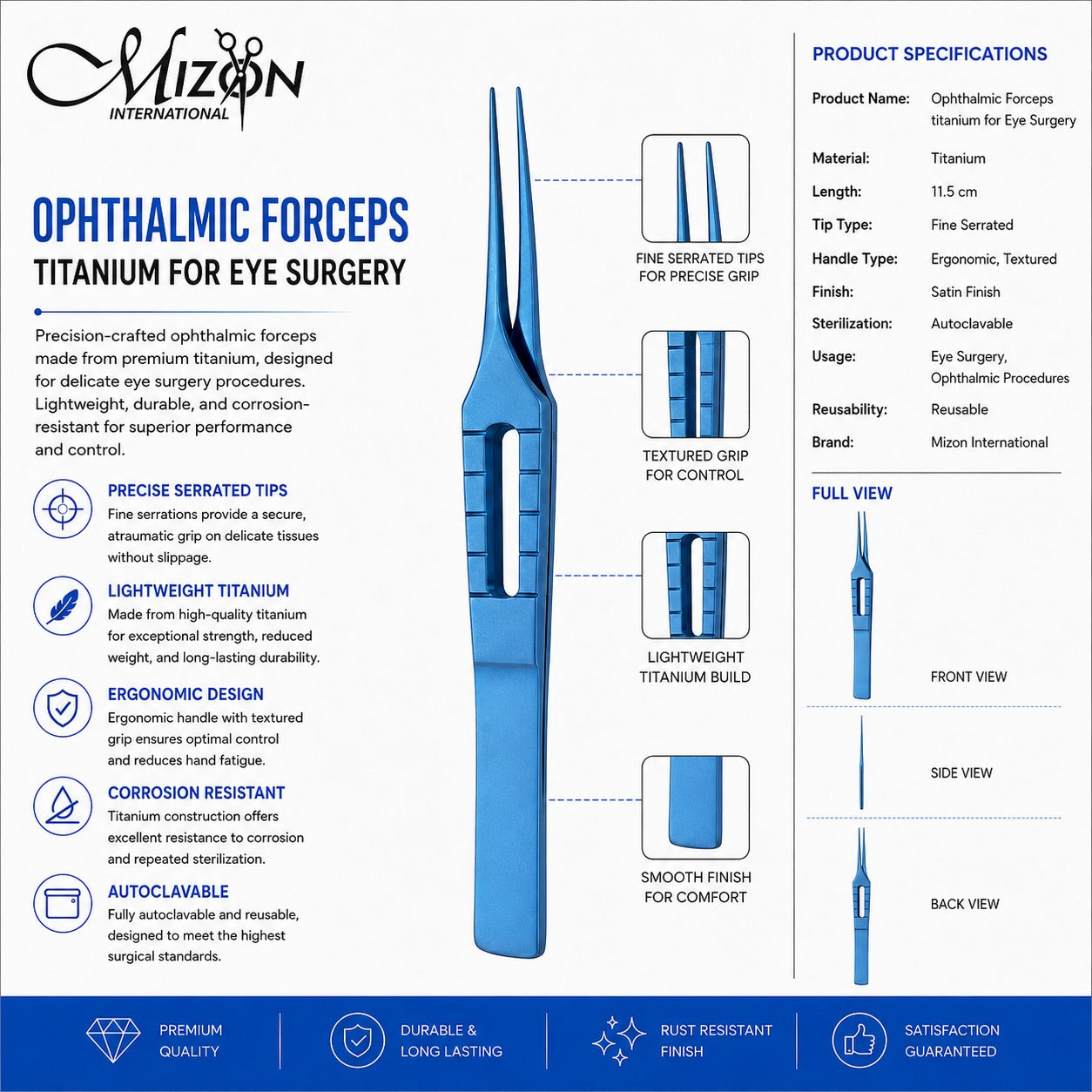 Ophthalmic Forceps Titanium for Eye Surgery 11.5 cm | Premium Eye Surgery Forceps | Mizon International