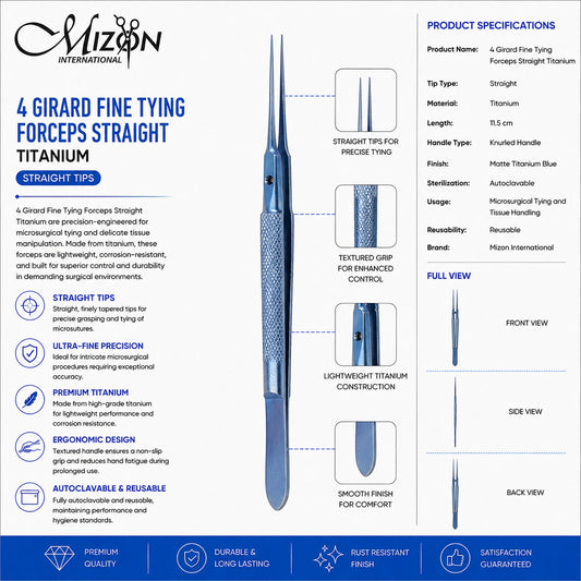 4 Girard Fine Tying Forceps Straight Titanium 11.5 cm | Microsurgical Tying Forceps | Mizon International