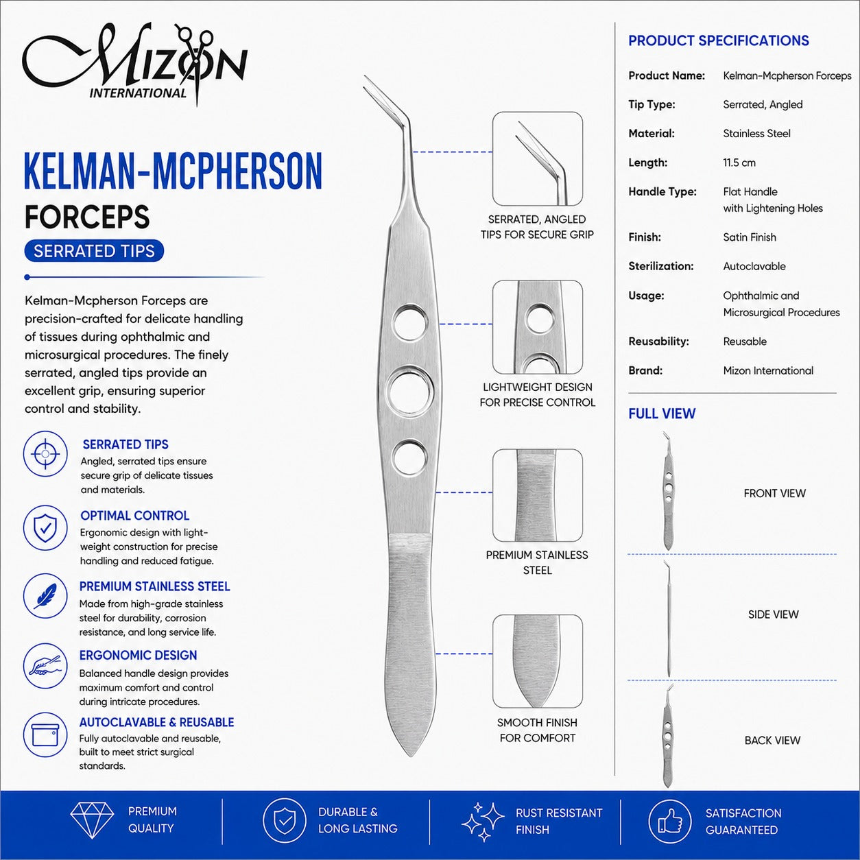 Kelman-McPherson Forceps Serrated Tips 11.5 cm | Ophthalmic Microsurgical Forceps | Mizon International