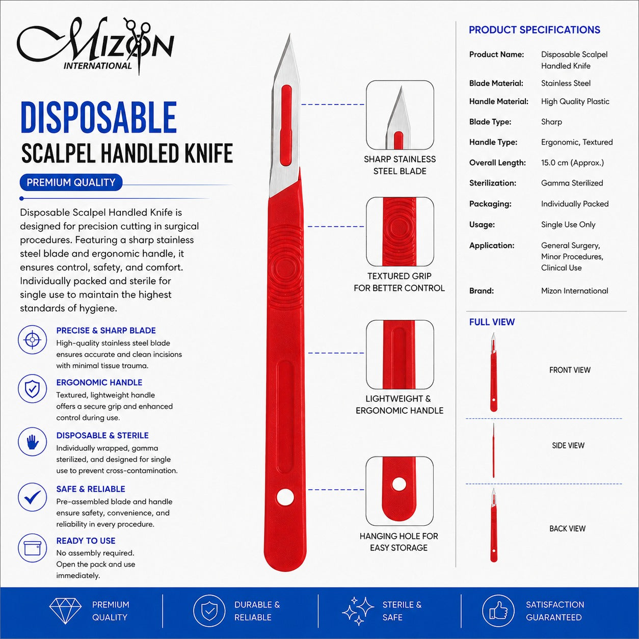 Disposable Surgical Scalpel | Sterile Disposable Scalpel with Plastic Handle | Mizon International