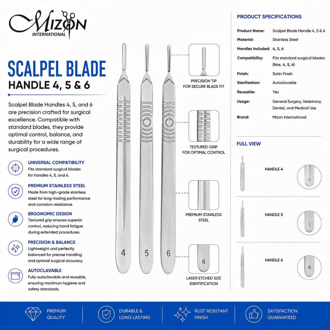 Scalpel Blade Handle Set No. 4, 5 & 6 | Premium Stainless Steel Surgical Handles | Mizon International