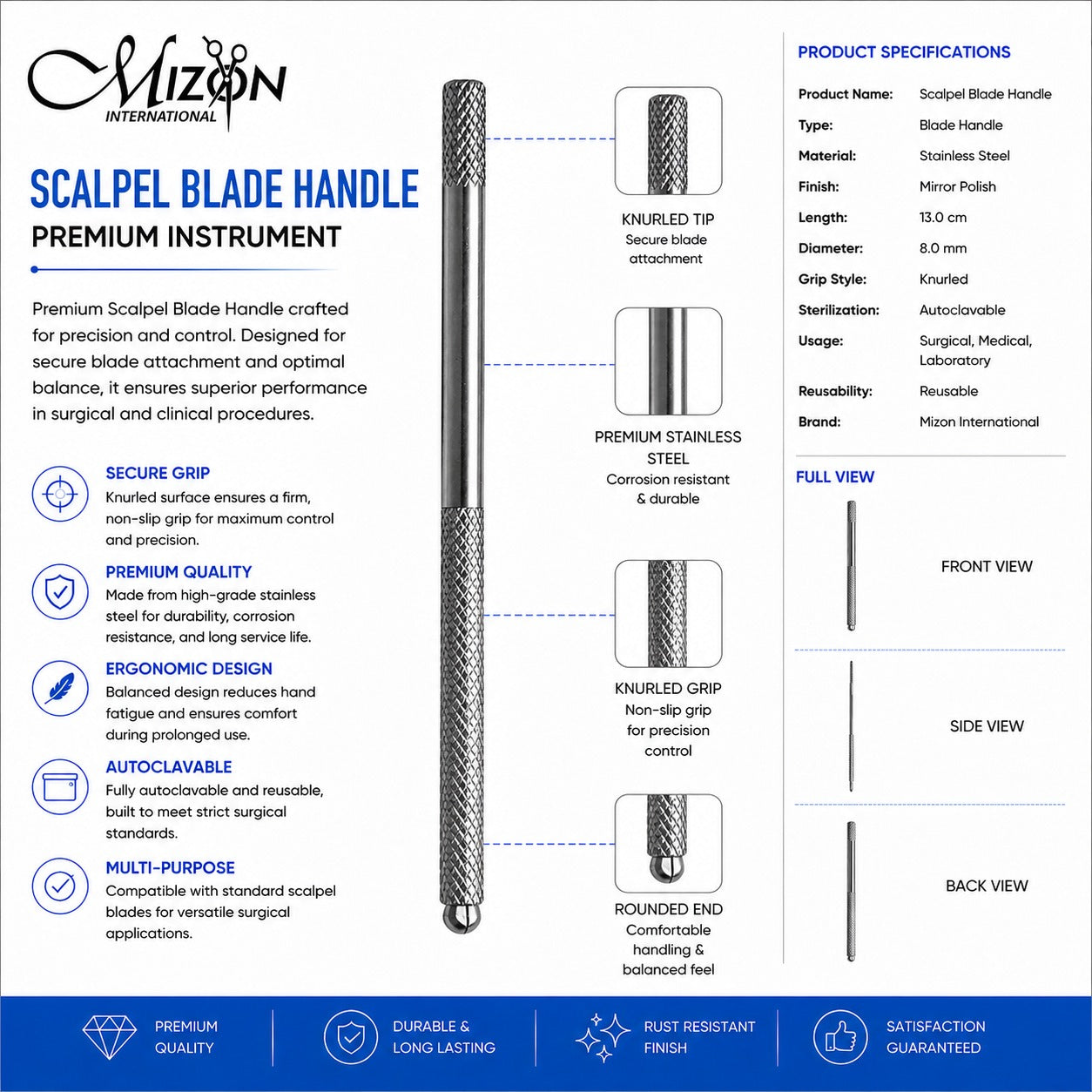 Scalpel Blade Handle | Premium Stainless Steel Knurled Surgical Handle | Mizon International