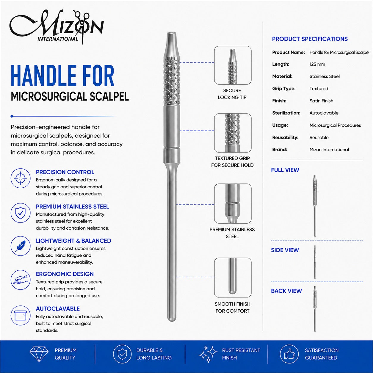 Handle for Microsurgical Scalpel 125mm | Stainless Steel Microsurgery Scalpel Handle | Mizon International