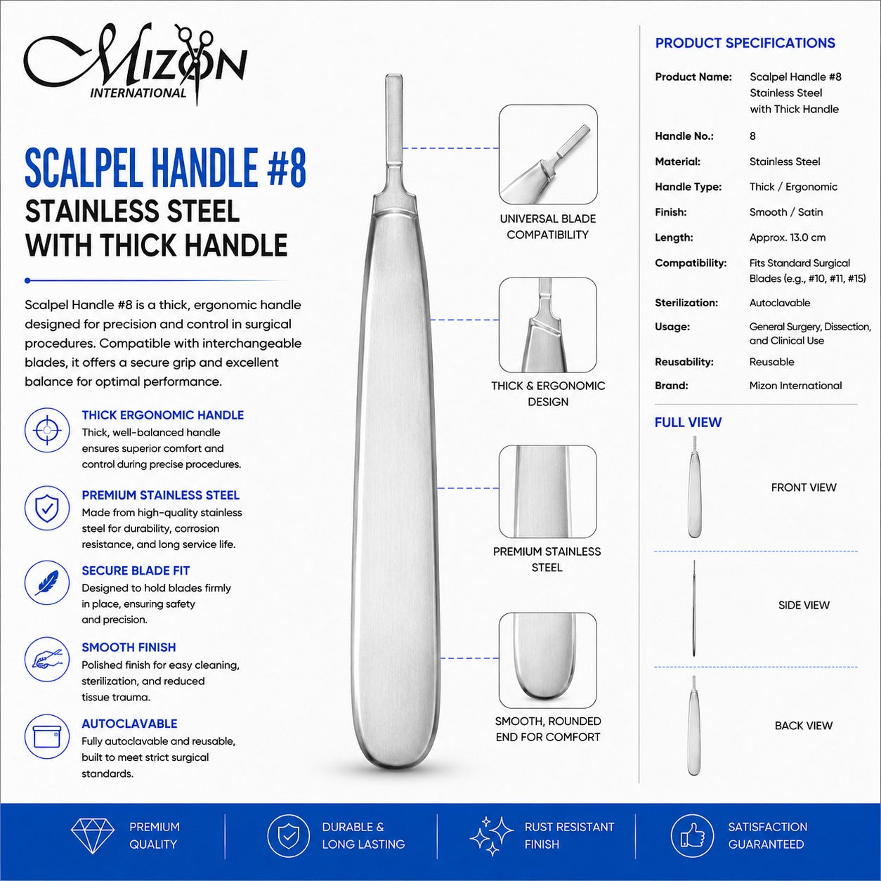 Scalpel Handle #8 Stainless Steel with Thick Handle | Premium Surgical Scalpel Handle | Mizon International