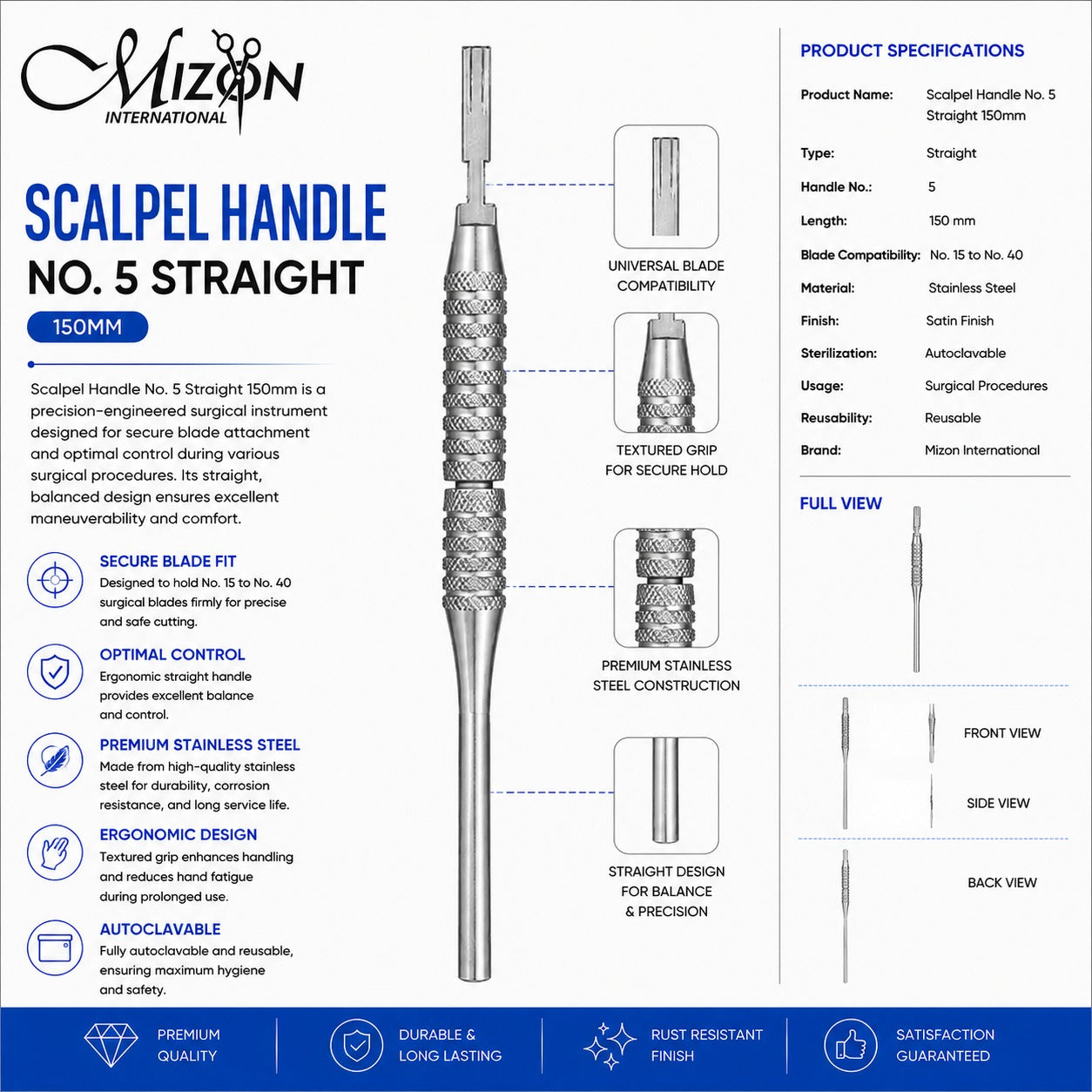 Scalpel Handle No. 5 Straight 150mm Stainless Steel Surgical Handle | Mizon International