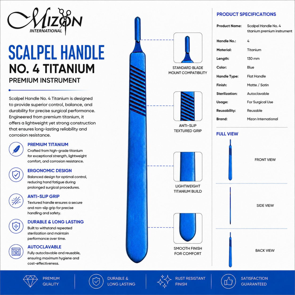 Scalpel Handle No. 4 Titanium 130mm | Premium Blue Titanium Surgical Handle | Mizon International