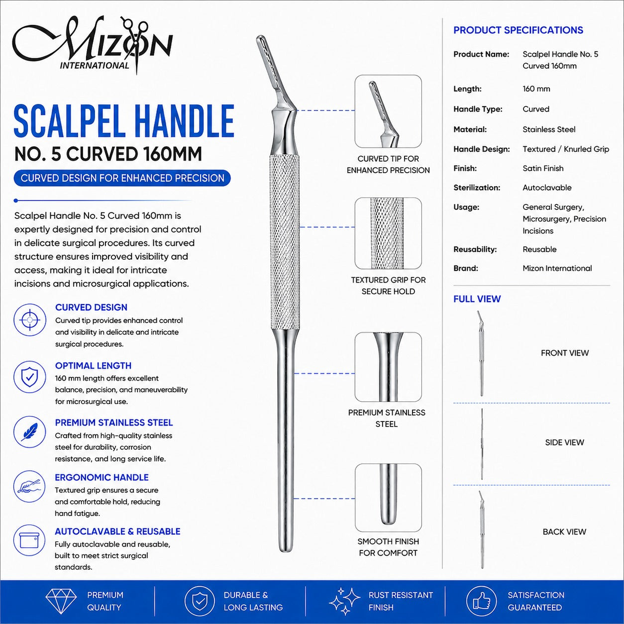 Scalpel Handle No. 5 Curved 160mm | Stainless Steel Curved Surgical Handle | Mizon International
