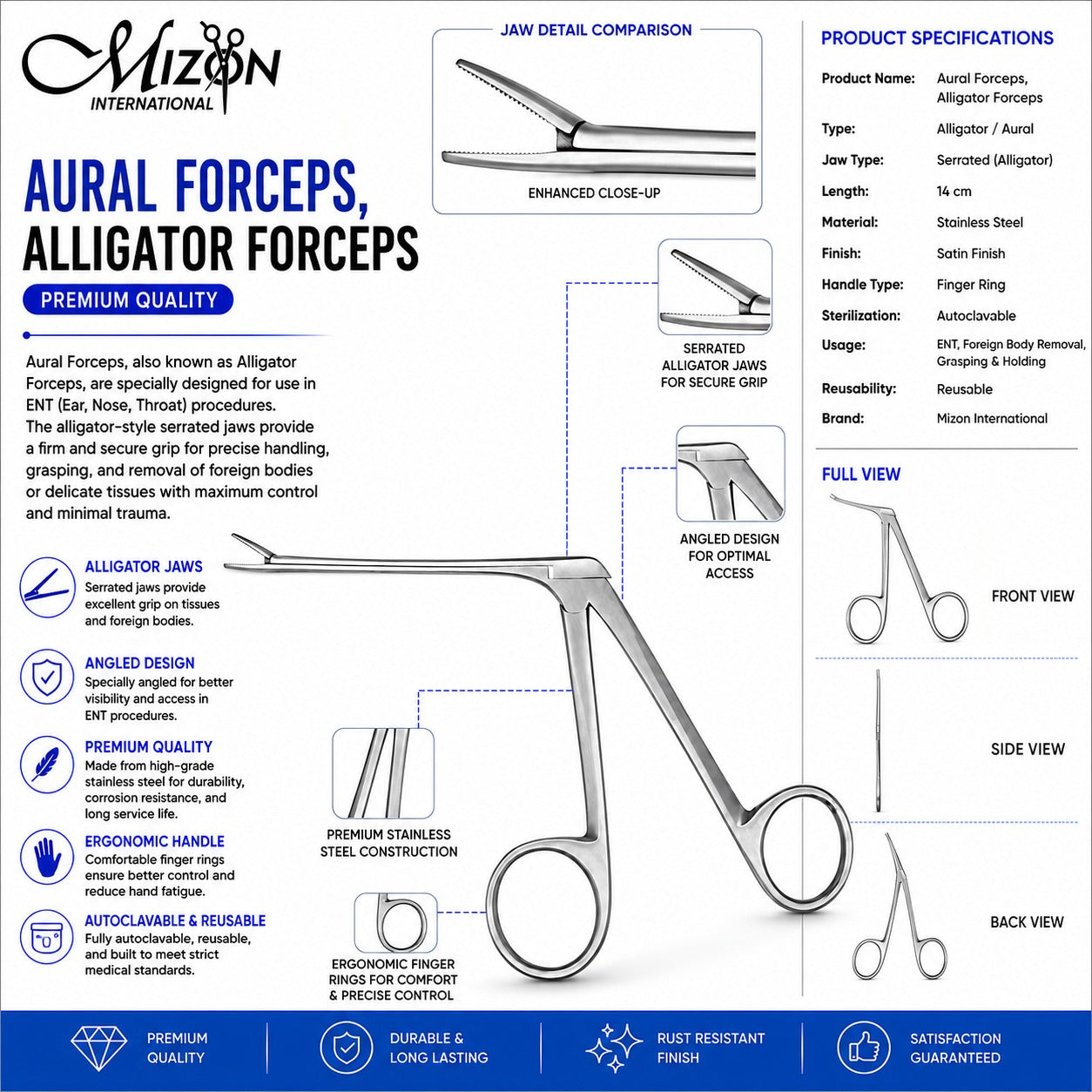 Aural Alligator Forceps 14cm | ENT Surgical Instrument | Stainless Steel | Mizon International