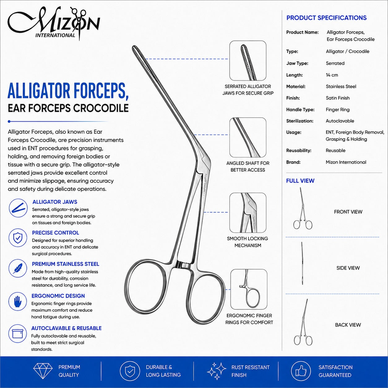 Alligator Ear Forceps Crocodile 14cm | ENT Surgical Instrument | Stainless Steel | Mizon International