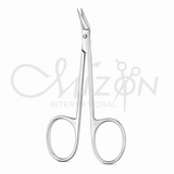 Mizon International Wilmer Eye Scissors Angled 10 cm featuring precision angled blades, surgical-grade stainless steel construction, ergonomic ring handles, and compact design for delicate ophthalmic procedures.