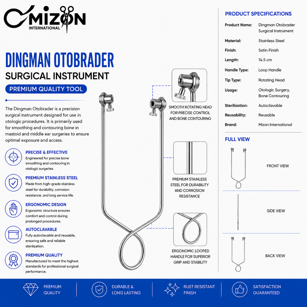 Dingman Otobrader Surgical Instrument Stainless Steel Otologic Bone Contouring Tool by Mizon International