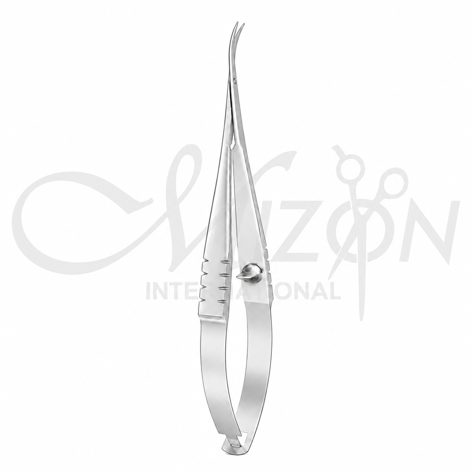 Mizon International Ophthalmic Surgery Scissors featuring fine precision blades, surgical-grade stainless steel construction, ergonomic handling, and professional design for delicate ophthalmic procedures.
