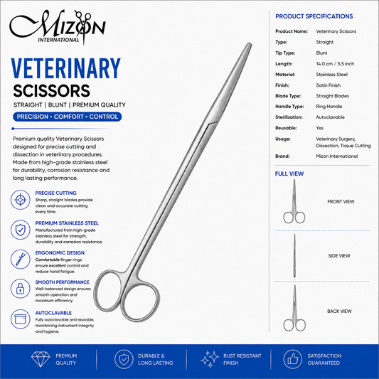 Veterinary Scissors Straight Blunt | Premium Stainless Steel Veterinary Surgical Scissors | Mizon International
