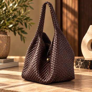 Side angle of women's dark chocolate-brown genuine leather woven tote bag showing its softly structured shape, braided shoulder handle, basket-weave texture and subtle gold-tone hardware detail.