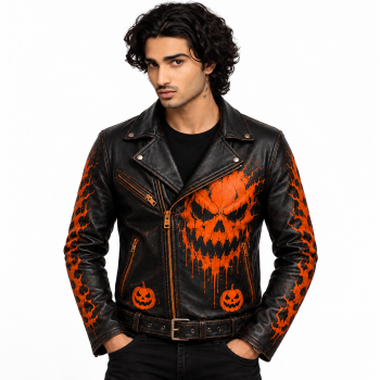 Male model wearing Mizon International men's black genuine leather Halloween biker jacket with large orange flaming skull graphic, pumpkin designs, flame-pattern sleeves, asymmetrical zipper and buckled waist against a white background.