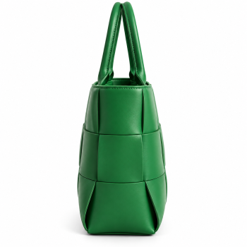 Front view of Mizon International women's emerald-green genuine leather woven tote bag featuring oversized basket-weave panels, two rounded matching handles and a structured rectangular silhouette.