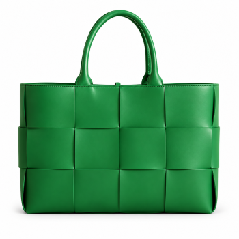 Front view of Mizon International women's emerald-green genuine leather woven tote bag featuring oversized basket-weave panels, two rounded matching handles and a structured rectangular silhouette.