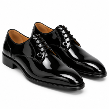 Front view of men's black high-gloss formal dress shoes with genuine leather uppers, mirror-like polished finish, classic black laces, rounded almond-shaped toes, black sole edges, and contrasting tan interiors against a white background.