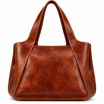 Front view of Mizon International women's cognac-brown genuine leather structured tote bag featuring two wide integrated shoulder handles, distinctive angled front panels, contrast stitching and a softly structured trapezoidal silhouette.