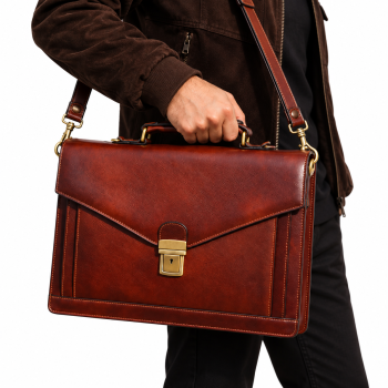 Men’s brown leather briefcase with top handle, adjustable shoulder strap and vintage metal clasp, professional business messenger bag
