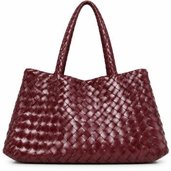 Front view of Mizon International women's genuine leather woven tote bag in burgundy red, featuring a detailed diagonal basket-weave pattern, long braided shoulder handles and a wide trapezoidal silhouette.