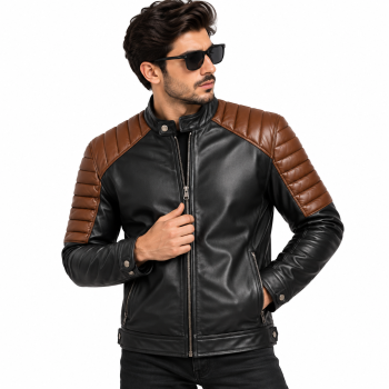 Male model wearing Mizon International men's black and cognac-brown genuine leather biker jacket featuring horizontally stitched brown shoulder panels, short stand-up collar, front zipper and long black sleeves against a white background.