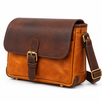 Front view of Mizon International genuine leather two-tone satchel bag featuring a dark chocolate-brown fold-over flap, cognac-tan body, central buckle-style leather strap, antique gold-tone hardware and visible base feet.