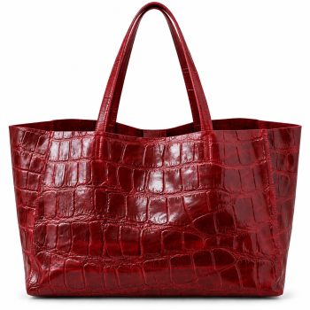 Front view of Mizon International women's burgundy genuine leather tote bag featuring a glossy crocodile-embossed texture, wide rectangular body and two long matching shoulder handles.