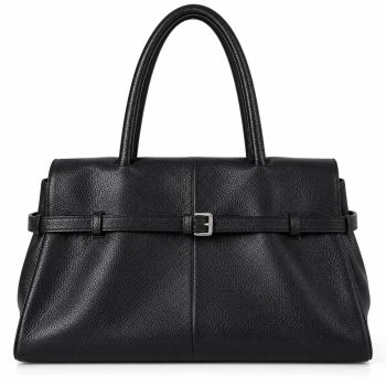 Front view of Mizon International women's black genuine leather belted tote bag featuring a structured trapezoidal silhouette, pebbled leather texture, double rounded top handles and silver-tone front buckle.