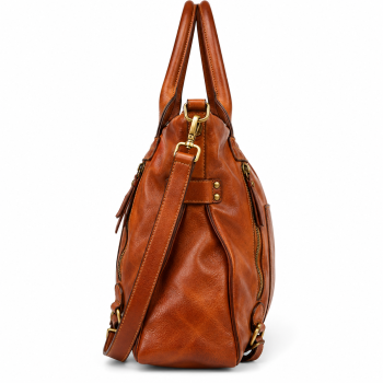 Front view of Mizon International women's cognac-brown genuine leather hobo tote handbag featuring rounded double handles, a long matching strap, central pocket-style panel, two vertical zipper details and antique gold-tone hardware.