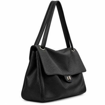 Angled front view of Mizon International women's genuine leather black flap shoulder bag showing a pebbled leather finish, long shoulder straps, silver-tone eyelets and central turn-lock clasp.