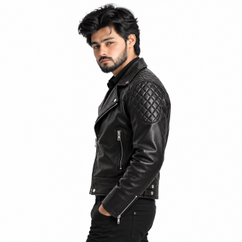 Male model wearing Mizon International men's black genuine leather biker jacket with diamond-quilted shoulder panels, wide notched lapels, asymmetrical silver-tone front zipper, vertical zippered details and long sleeves against a white background.
