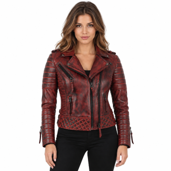 Female model wearing Mizon International women's distressed burgundy red genuine leather biker jacket with black-toned accents, asymmetrical zipper, wide notched lapels, horizontally stitched sleeves and diamond-pattern waist detailing against a white background.