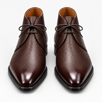 Front view of a pair of dark chocolate-brown genuine leather chukka-style ankle boots featuring pebbled grain-textured uppers, dark brown laces, polished pointed almond-shaped toes, tan-colored interiors, and black sole edges against a white background.