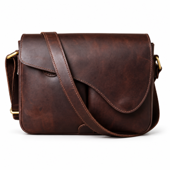 Front view of Mizon International vintage dark brown genuine leather messenger bag featuring an asymmetrical curved fold-over flap, wide matching strap, contrasting tan stitching and antique gold-tone side hardware.