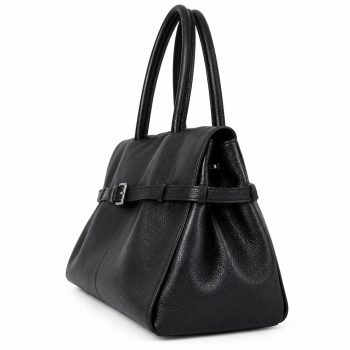 Angled side view of women's black genuine leather structured tote bag showing its pebbled leather exterior, double rounded handles, gusseted side panel and horizontal belted detail with silver-tone buckle.