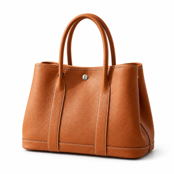 Angled front view of Mizon International women's genuine leather cognac-brown structured tote bag featuring a pebbled leather texture, two rounded handles, vertical front panels, silver-tone accents and contrast stitching.