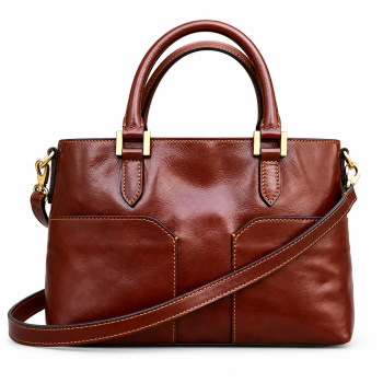 Front view of Mizon International women's chestnut-brown genuine leather satchel handbag featuring rounded double handles, two front pocket panels, a long shoulder strap, gold-tone hardware and contrasting tan stitching.