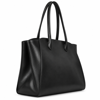 Front view of Mizon International women's genuine leather structured tote bag in classic black, featuring two slim shoulder handles, curved front panel, expanded side gussets and a minimalist trapezoidal silhouette.
